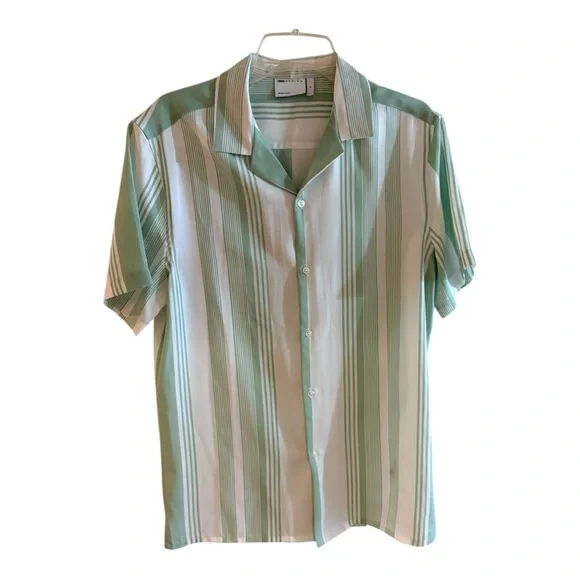 ASOS DESIGN revere Reiss Castle Ribbed Cuban stripe shirt in green - Picture 3 of 6